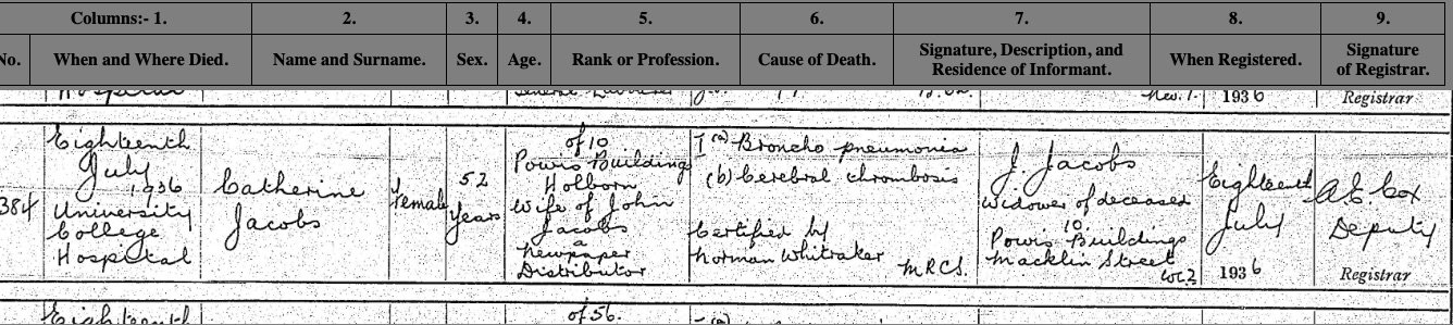 Death Cert - Jacobs, Catherine (nee Cooper) Death Cert - Jacobs, Catherine (nee Cooper)