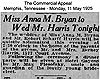 Newsaper - Wedding Announcement - Harris, Robert F - Bryan, Anna
